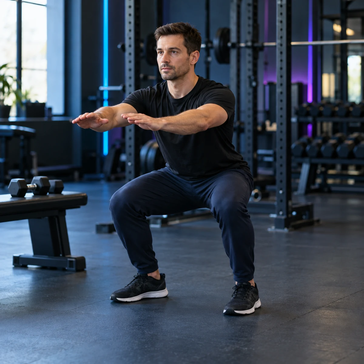 Un adulte répète un squat léger au poids du corps dans une salle bleu nuit avant sa séance de musculation